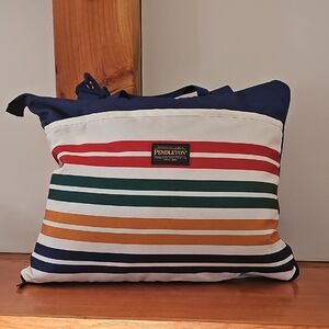 Pendleton Navy Canvas Beach Blanket with Red, Green & Gold Stripes